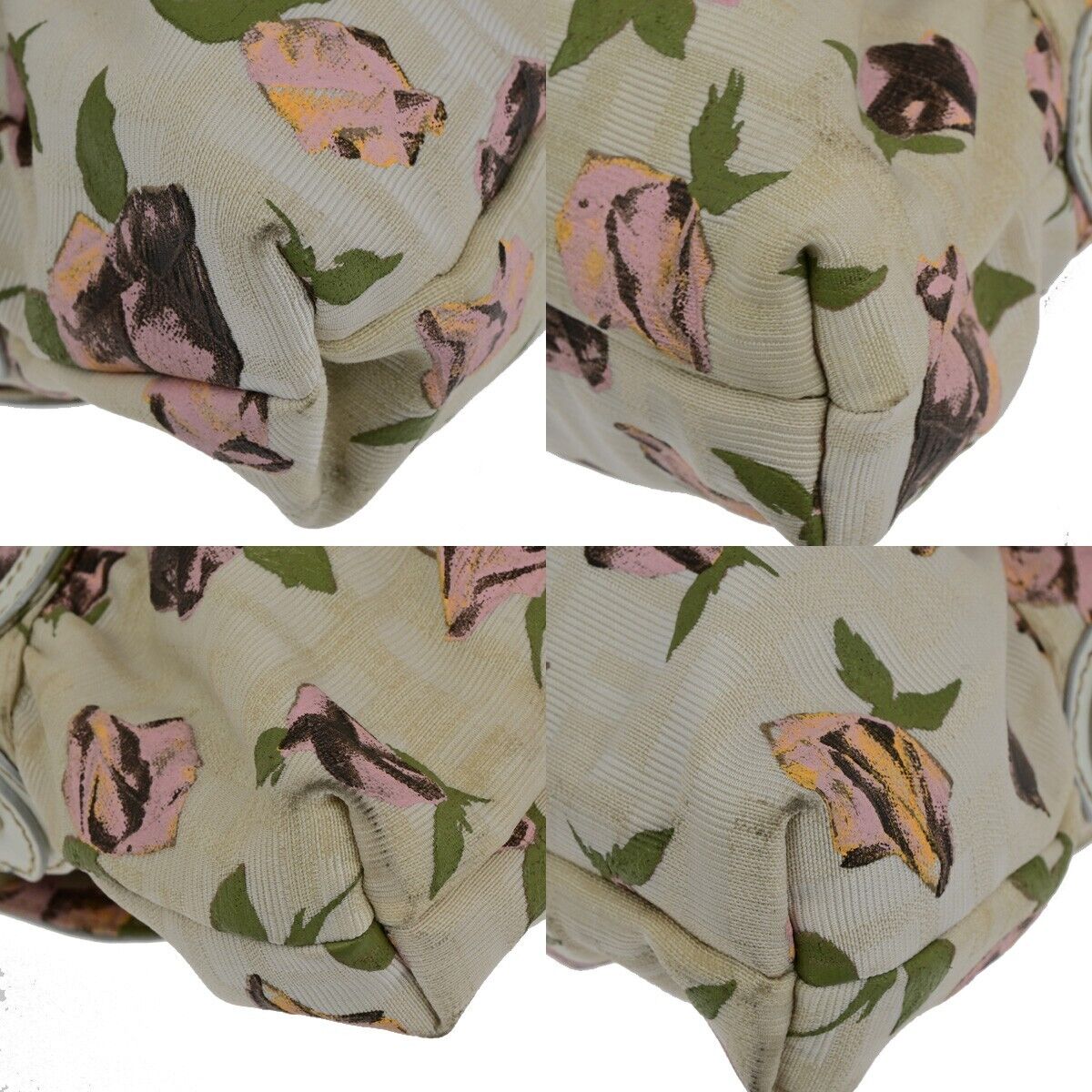 FENDI Logo Zucca Pattern Flower Hand Bag Canvas Leather Beige Pink Italy 88ED405