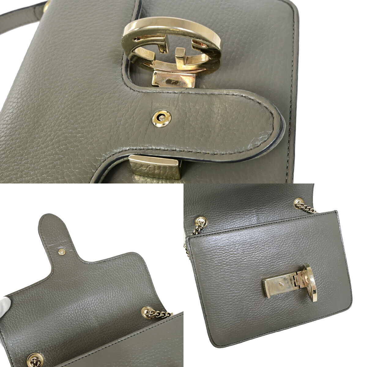 GUCCI Logo Interlocking G Chain Shoulder Bag Leather Gray GHW Italy 52YF630