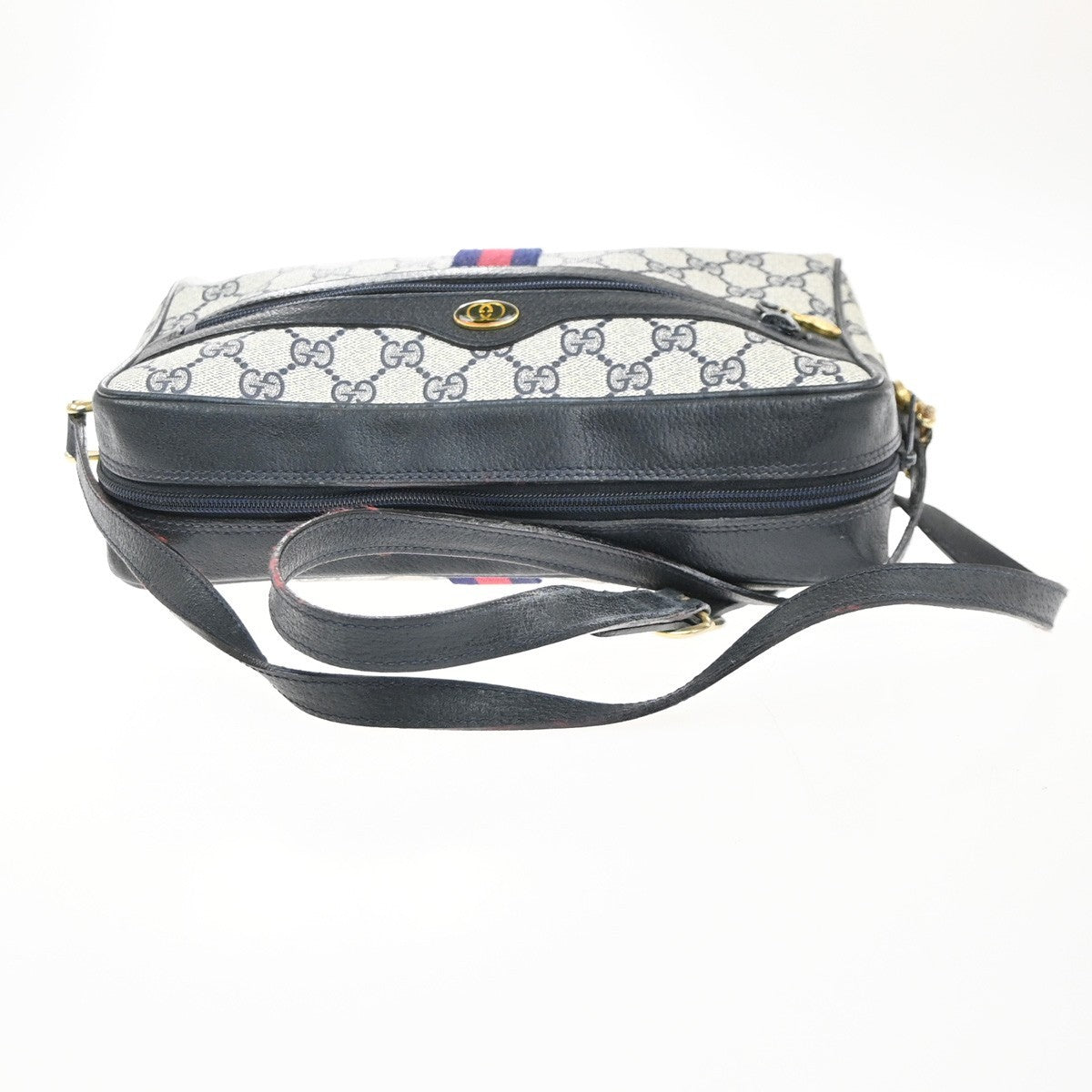 GUCCI Logo GG Sherry Line Shoulder Hand Bag PVC Leather Navy Blue Italy 69MA470