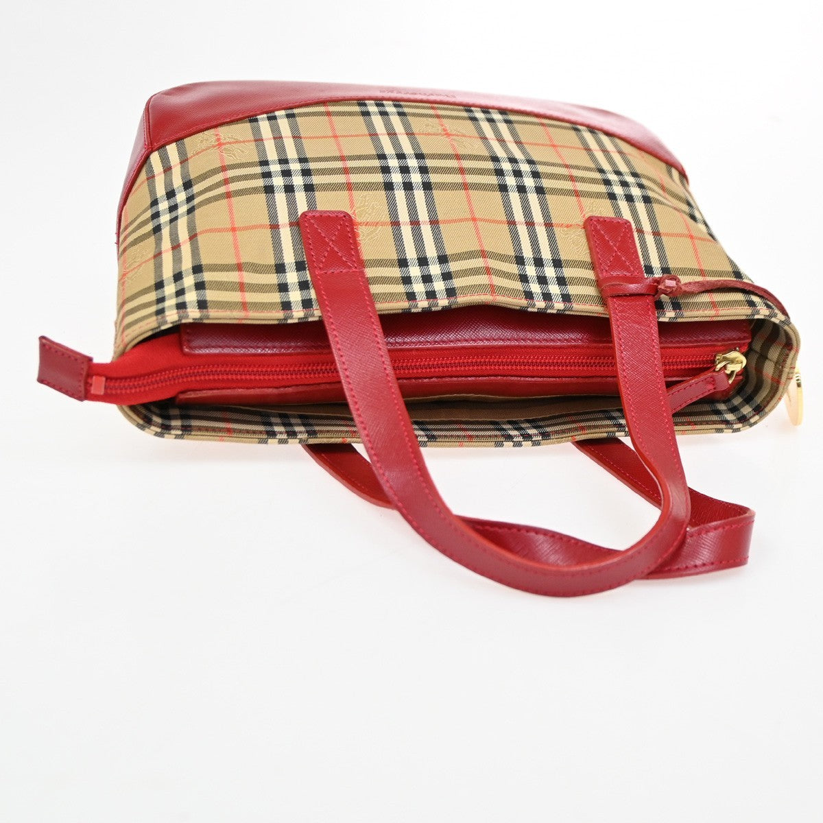 Burberrys Logo Nova Check Tote Handbag Canvas Leather Red Brown GHW  62DA319