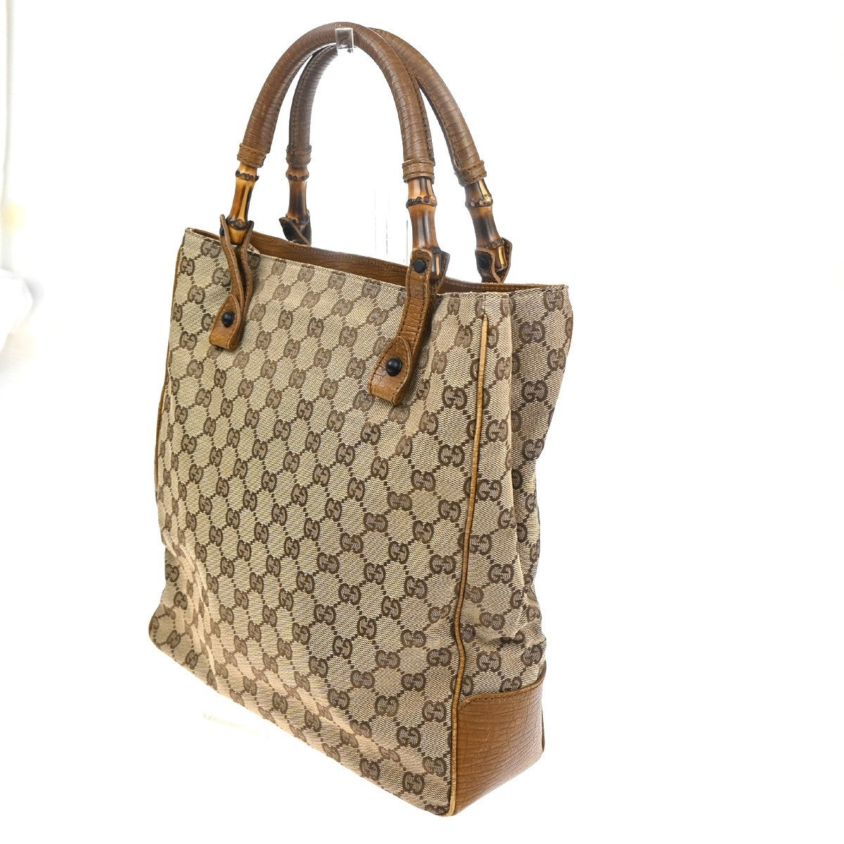 GUCCI Logo GG Pattern Hand Tote Bag Bamboo Canvas Leather Beige Italy 64KC879