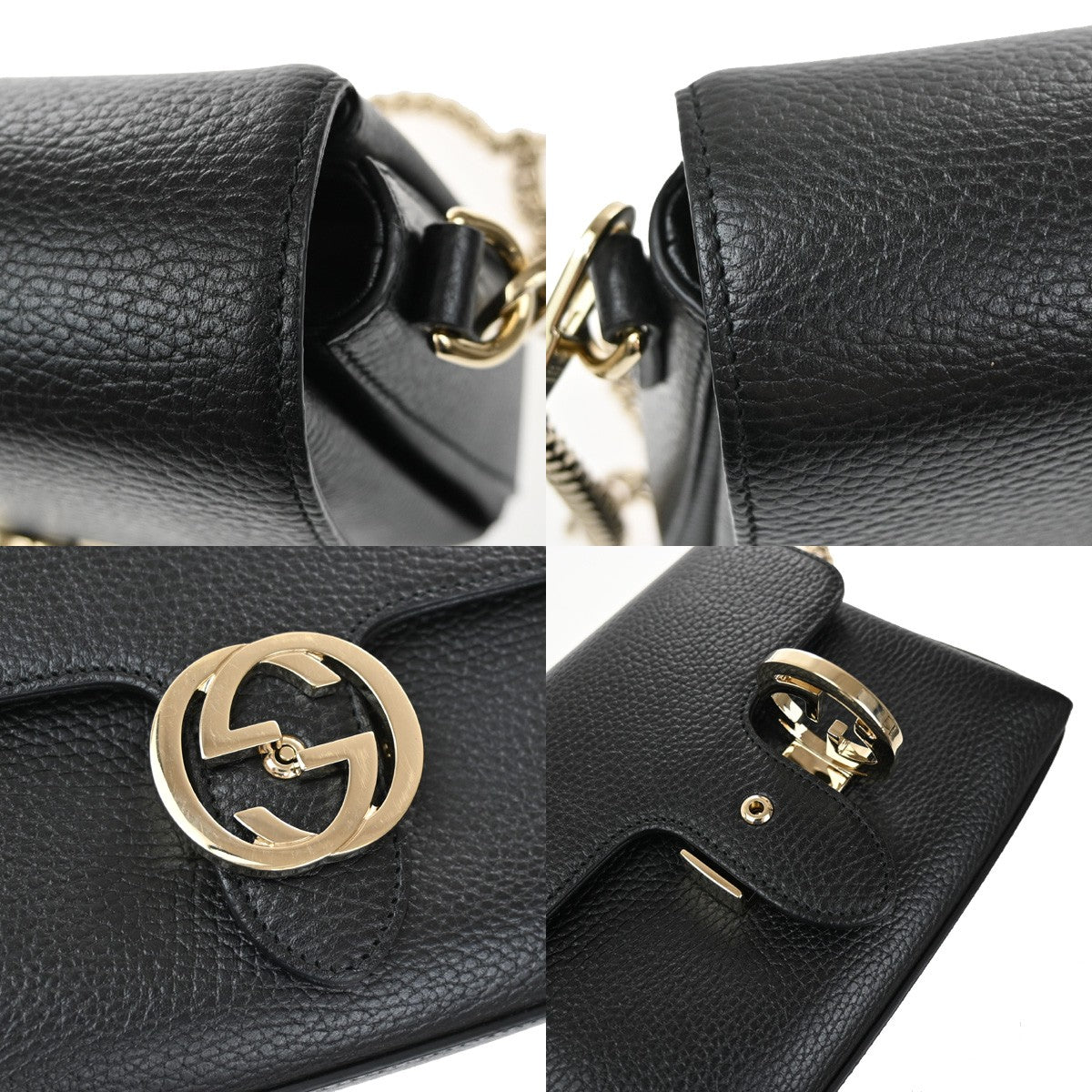 GUCCI Logo Interlocking G Chain Shoulder Bag Leather Black GHW Italy 43RL410