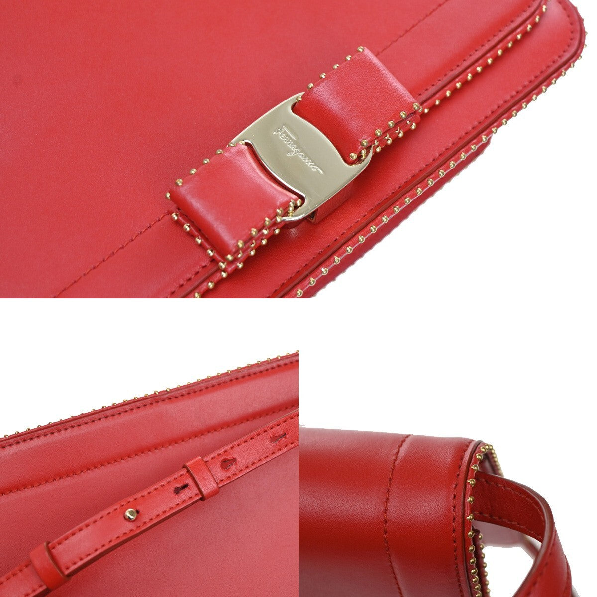 SALVATORE FERRAGAMO Vara Studs 2Way Shoulder Clutch Hand Bag Leather Red 88EE395