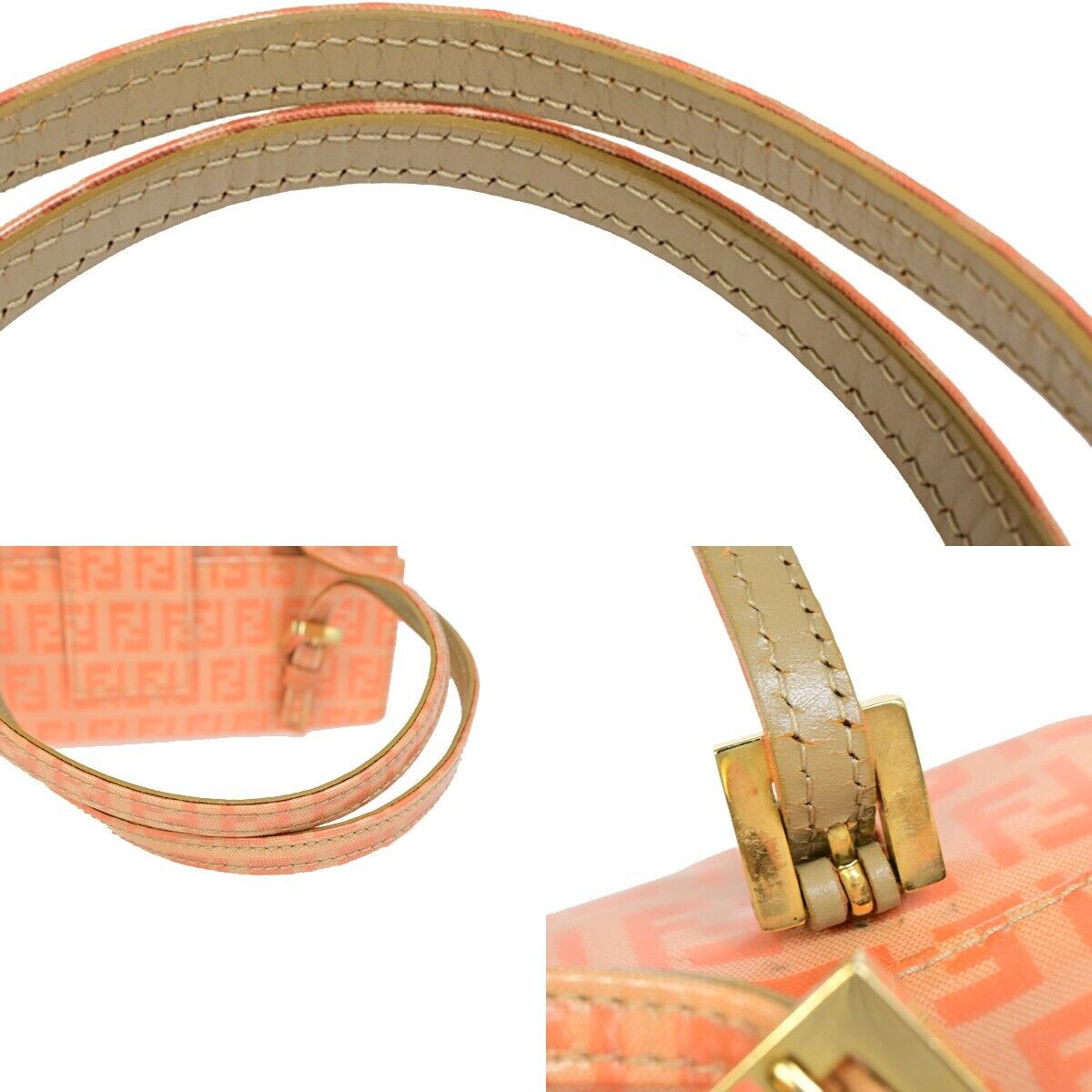 FENDI Logo Zucca Pattern Hand Shoulder Bag Patent Leather orange Gold 87SH936