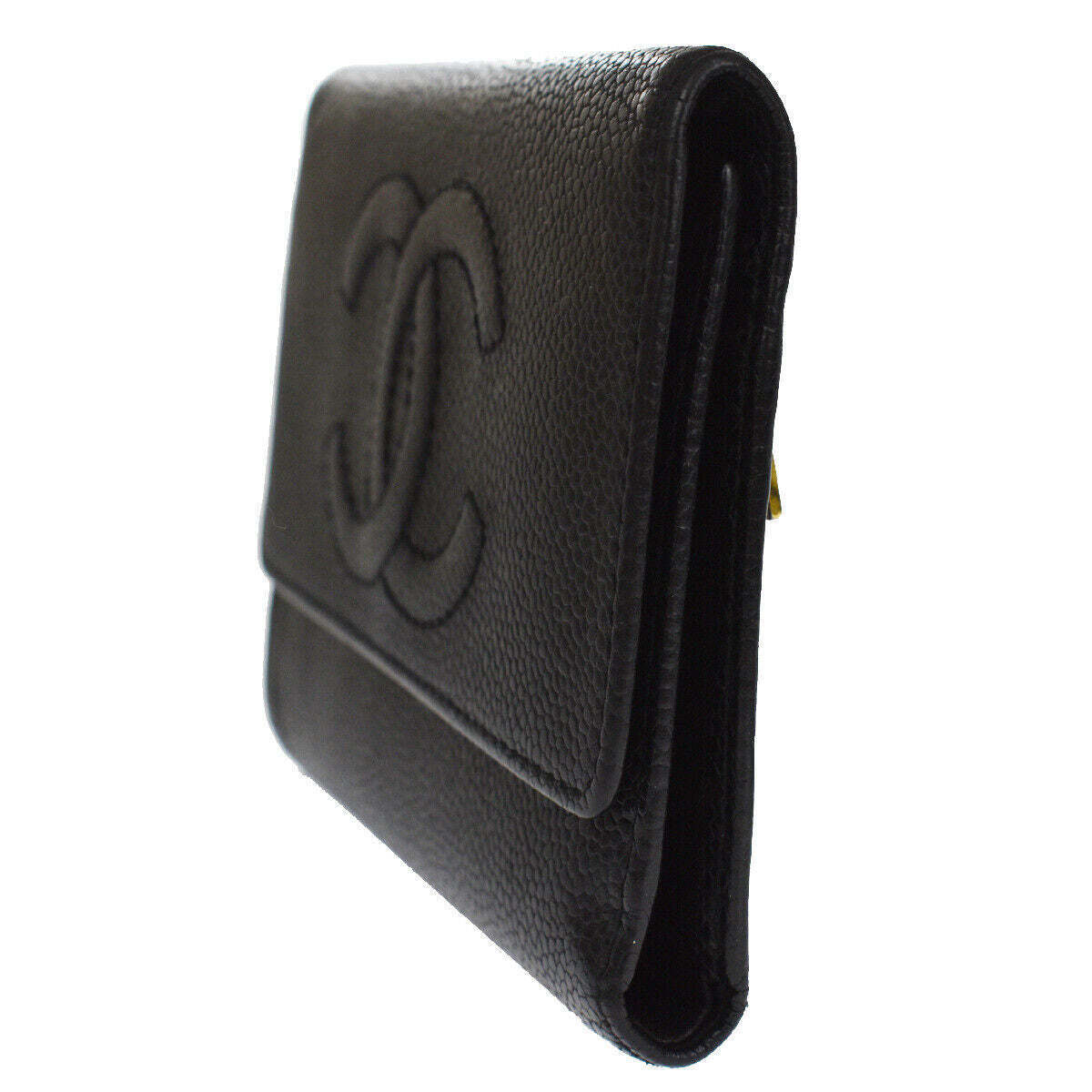CHANEL CC Logo Trifold Wallet Purse Caviar Skin Leather Black Italy 30YB628