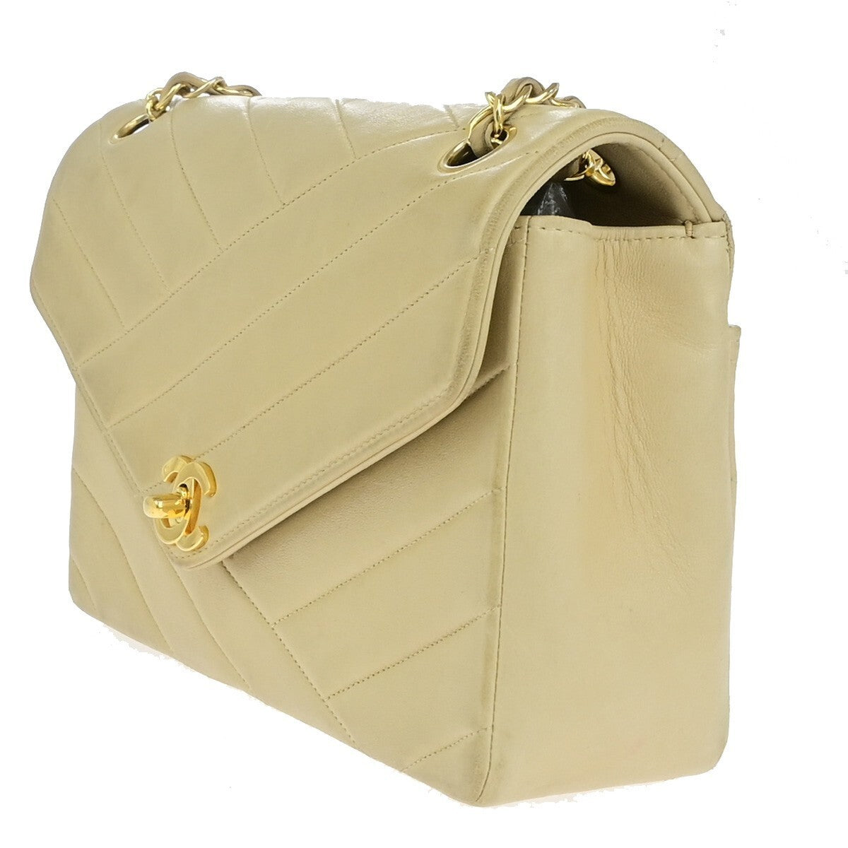 CHANEL CC Logo Bias Stitch Chain Shoulder Bag Leather Beige GHW France 617RK443