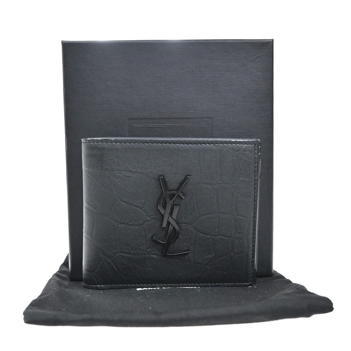 SAINT LAURENT YSL Logo Bifold Compact Wallet Embossing Leather BK Italy 84RL530