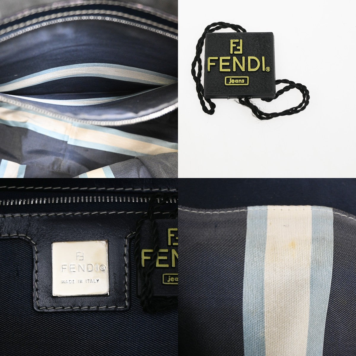 FENDI FF Logo Hand Bag Tote Bag Canvas Demin Leather Navy Blue Italy 78ZA127
