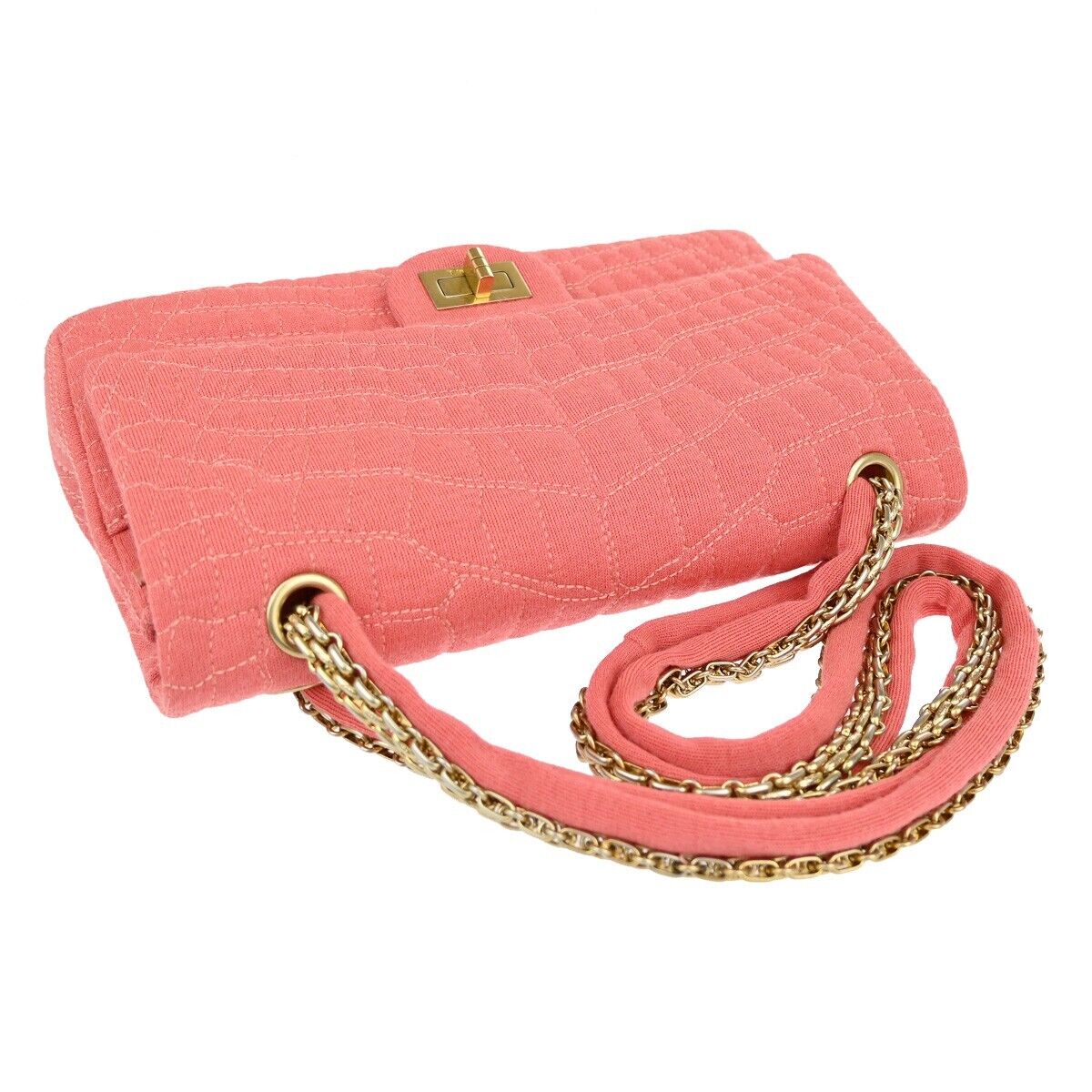 CHANEL Logo 2.55 Double Flap Chain Shoulder Bag Canvas Leather Pink GHW 314RJ738