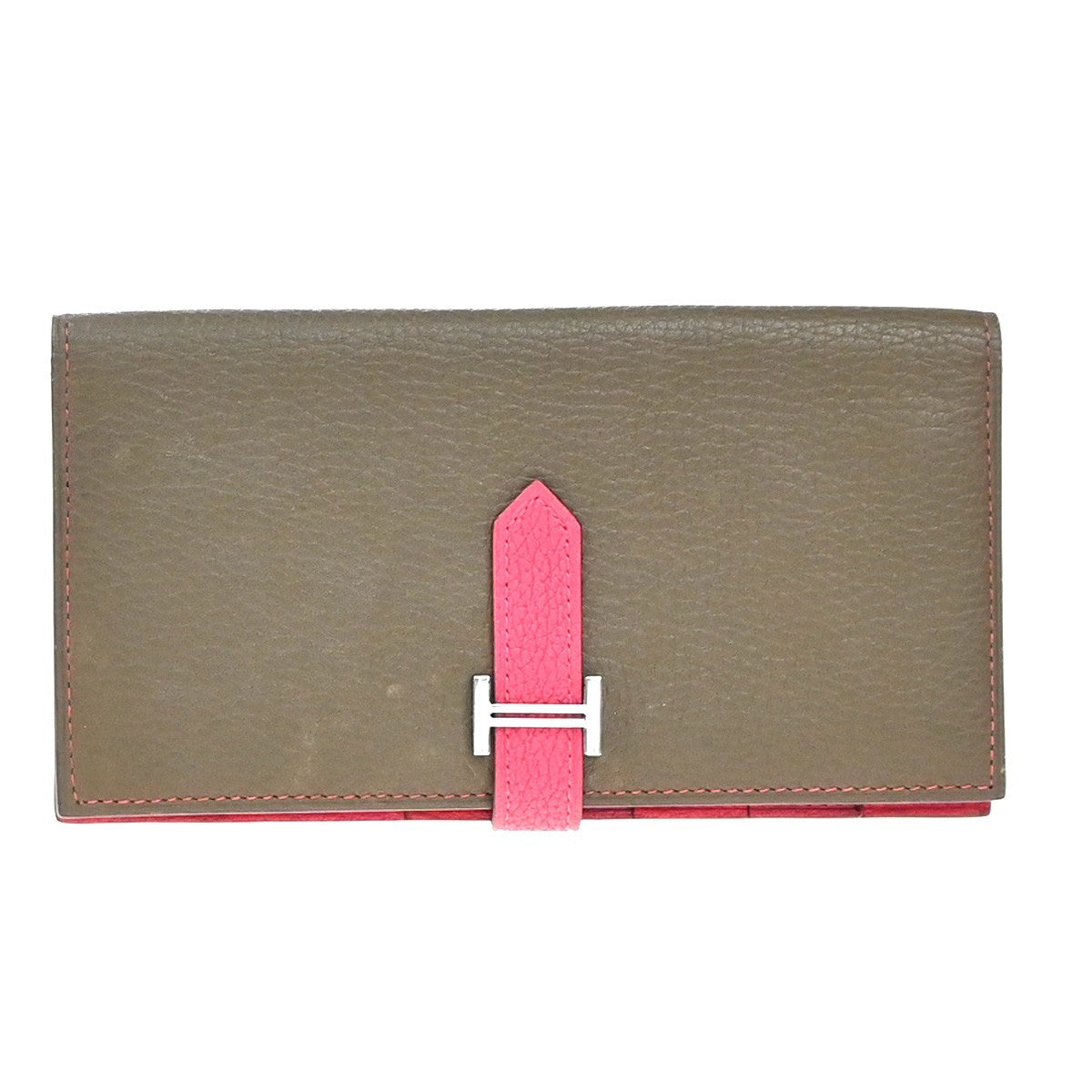 HERMES Bearn Bicolor Long Bifold Wallet Leather Brown Pink 80RP164