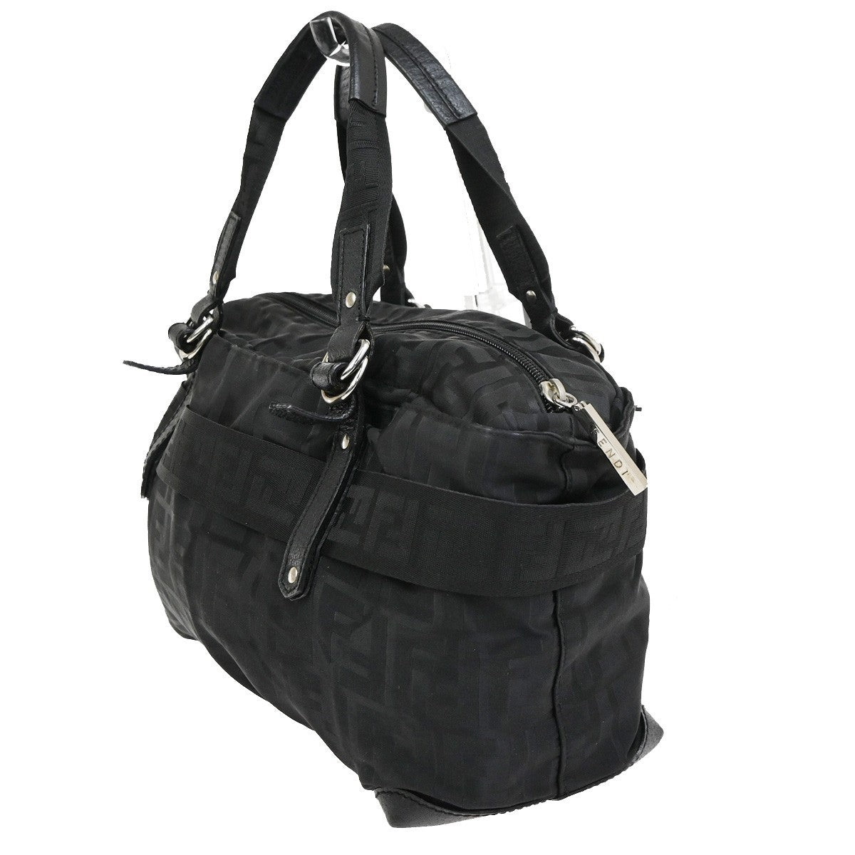 FENDI Logo Zucca Pattern Hand Bag Canvas Leather Brown Black SHW 87CA961