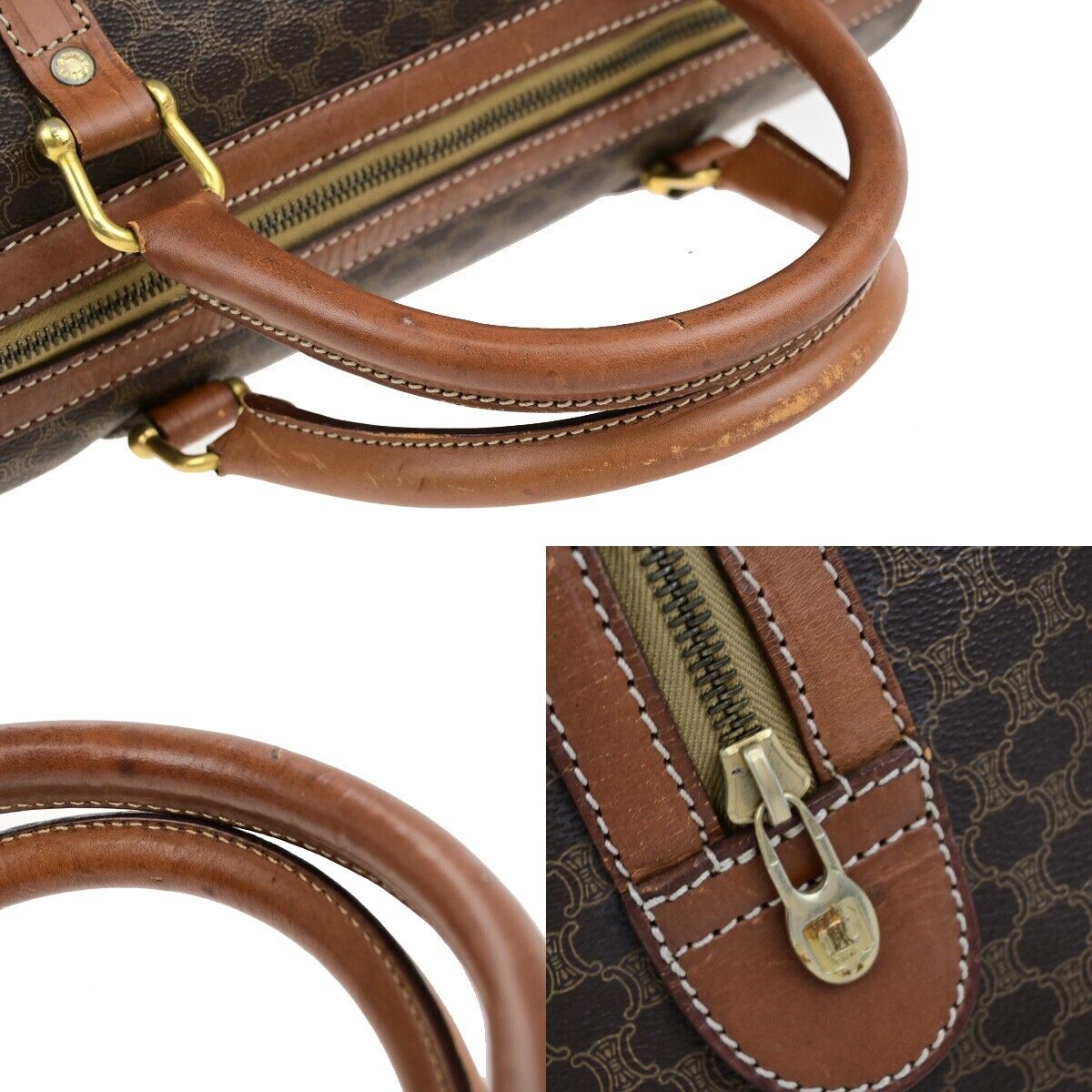 CELINE Macadam Pattern Travel Hand Bag PVC Leather Brown Gold Italy 05ED370