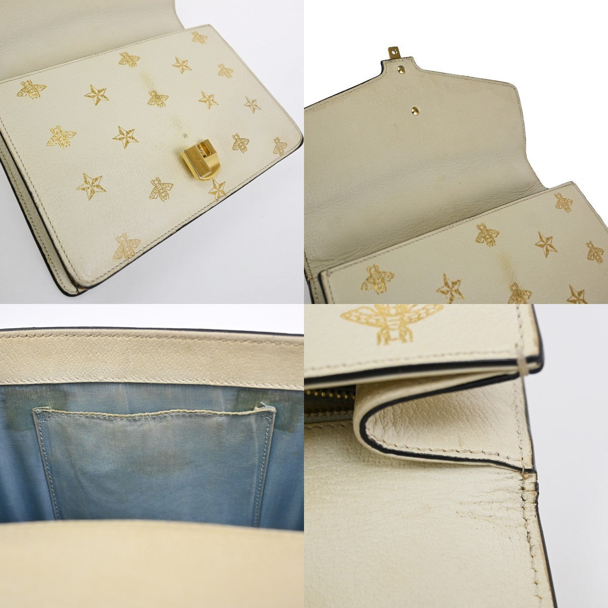 GUCCI Logo Bee Star Print Sylvie Shoulder Bag Leather Web Ribbon Ivory 71YJ087