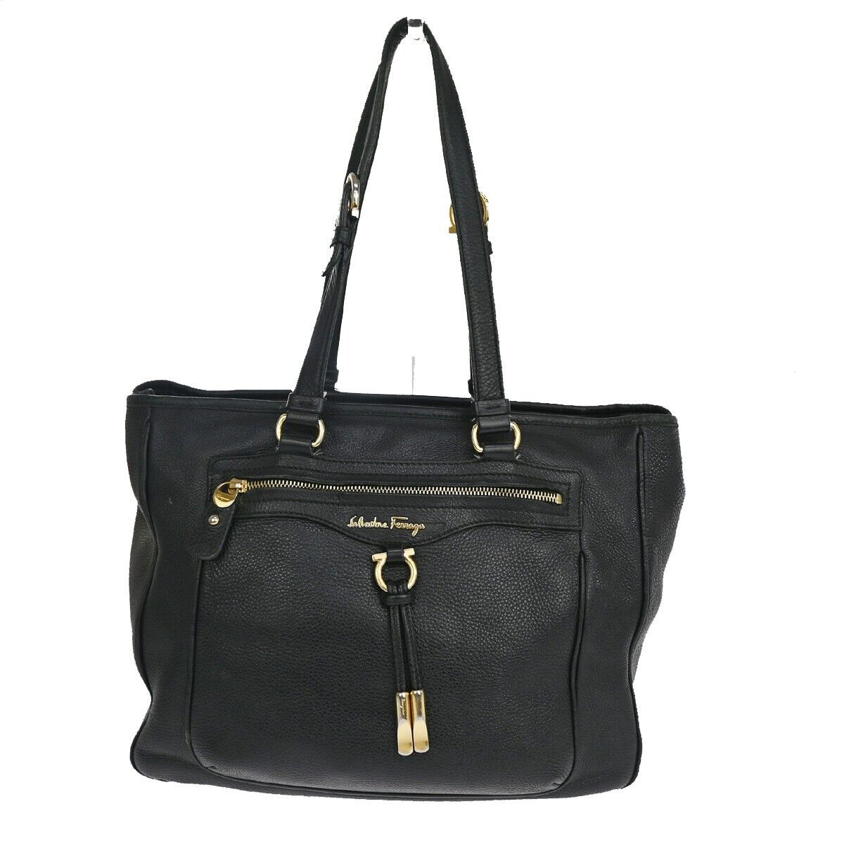 SALVATORE FERRAGAMO Logo Gancini Shoulder Bag Leather Black Gold Italy 63YC962