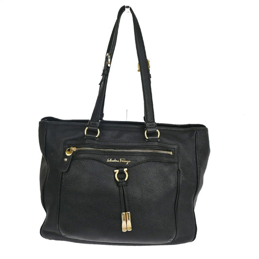 SALVATORE FERRAGAMO Logo Gancini Shoulder Bag Leather Black Gold Italy 63YC962