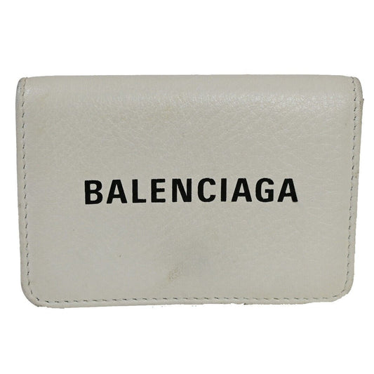 BALENCIAGA Logo Everyday Mini Trifold Wallet Purse Leather White Italy 30GA675