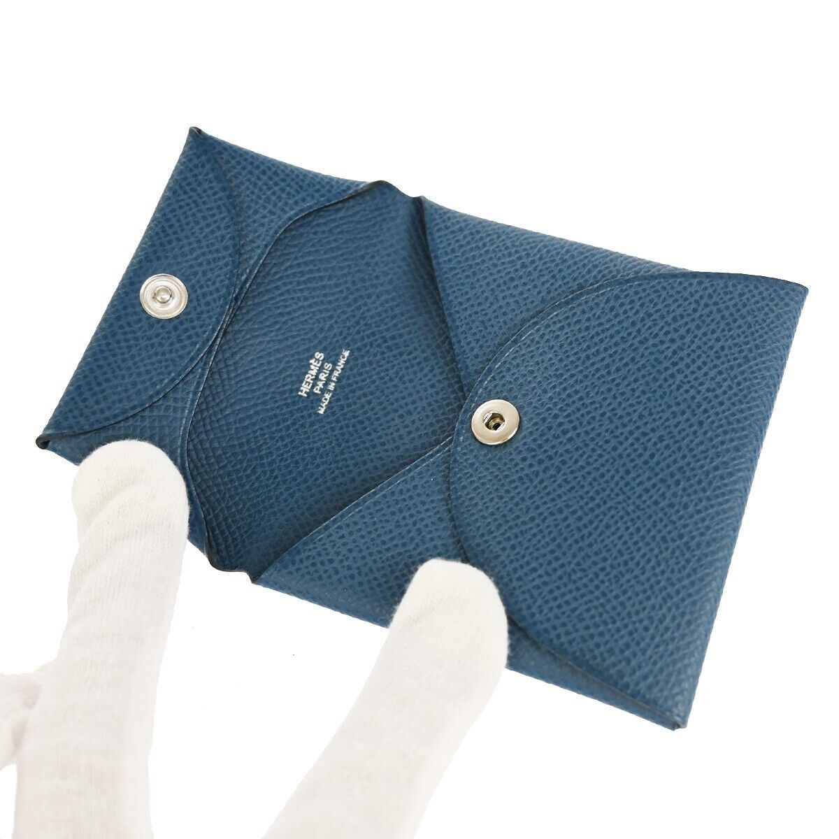 HERMES Logo Bastia Wallet Purse Coin Case Veau Epsom Leather Blue France 35RH018