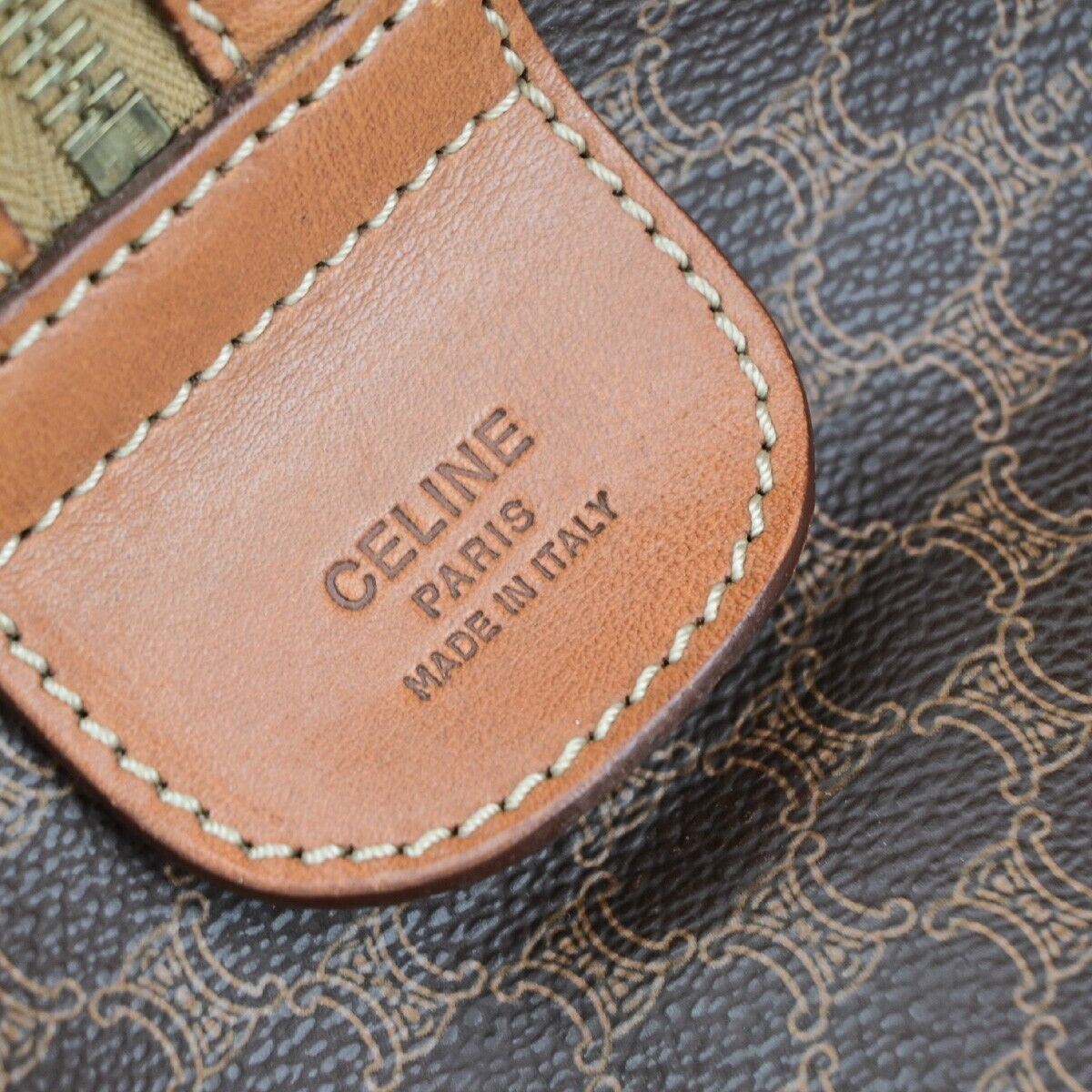 CELINE Logo Macadam Pattern Travel Hand Bag PVC Leather Brown Gold Italy 62EC911
