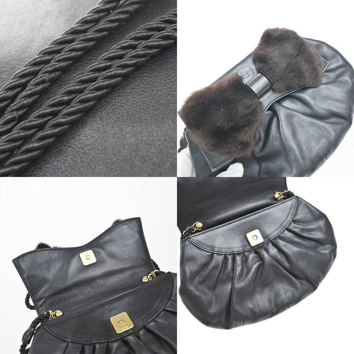 FENDI Logo Bow Shoulder Bag Fur Leather Black GHW Italy 65EG358