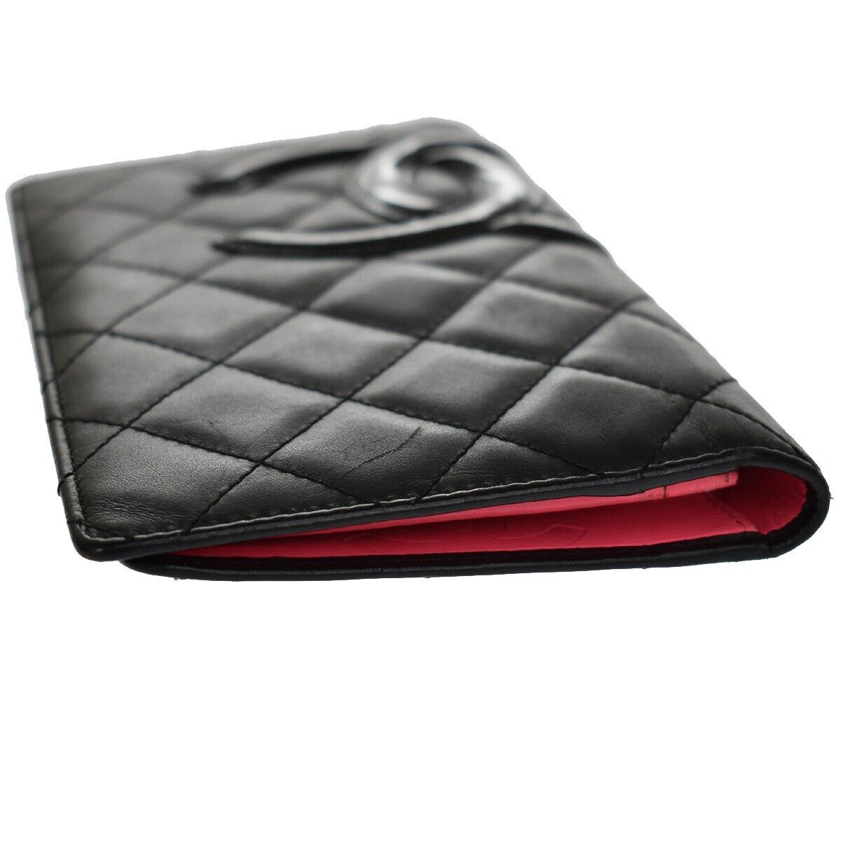 CHANEL CC Logo Cambon Long Bifold Wallet Leather Black Pink Italy 33SH088