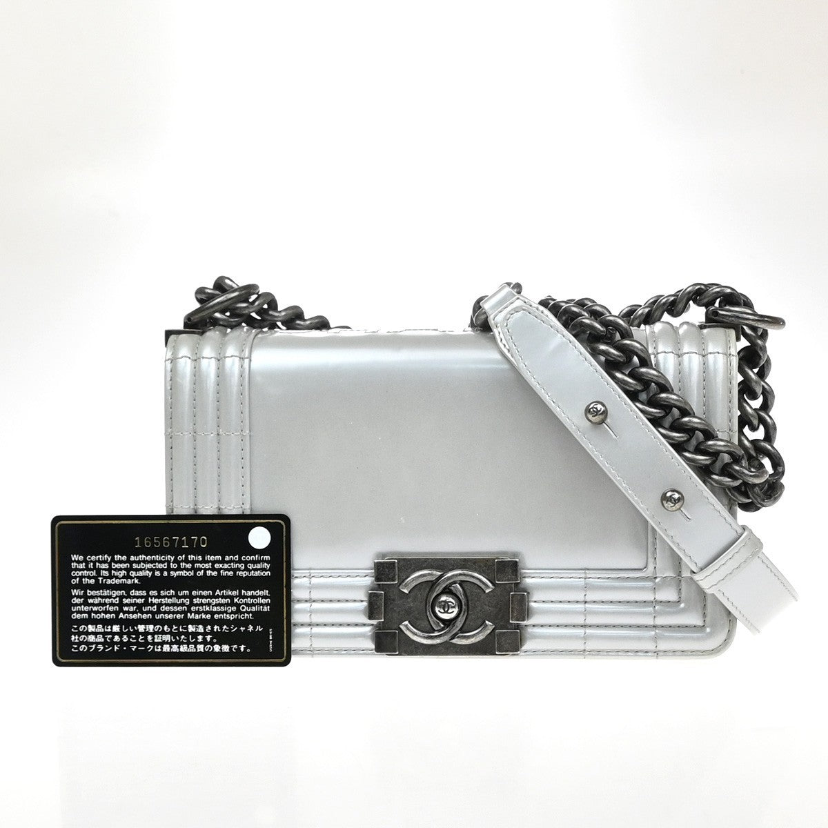 CHANEL Boy CC Chain Shoulder Bag Leather Silver SHW Italy 627RP168