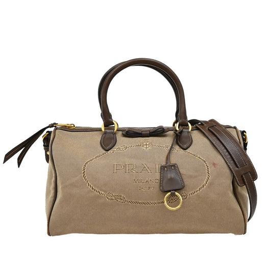 PRADA MILANO Logo Jacquard 2Way Shoulder Hand Bag Canvas Leather Brown 31KA941