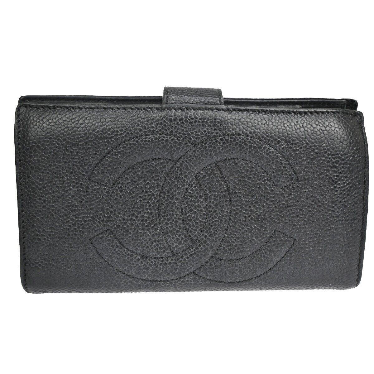 CHANEL CC Long Bifold Wallet Purse Caviar Skin Leather Black GHW Vintage 68YD942