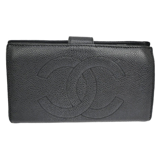 CHANEL CC Long Bifold Wallet Purse Caviar Skin Leather Black GHW Vintage 68YD942