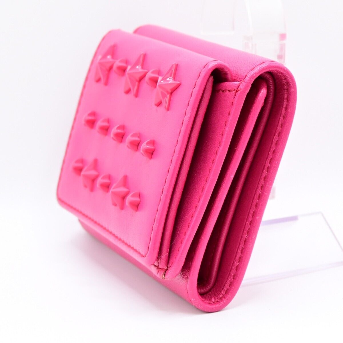 JIMMY CHOO Logo Star Studs Mini Trifold Wallet Purse Leather Pink Italy 05KA165