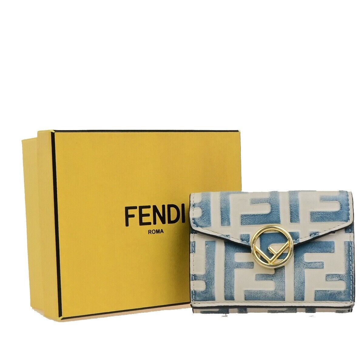 FENDI Zucca Pattern Mini Trifold Compact Wallet Leather Blue White Italy 61KA542