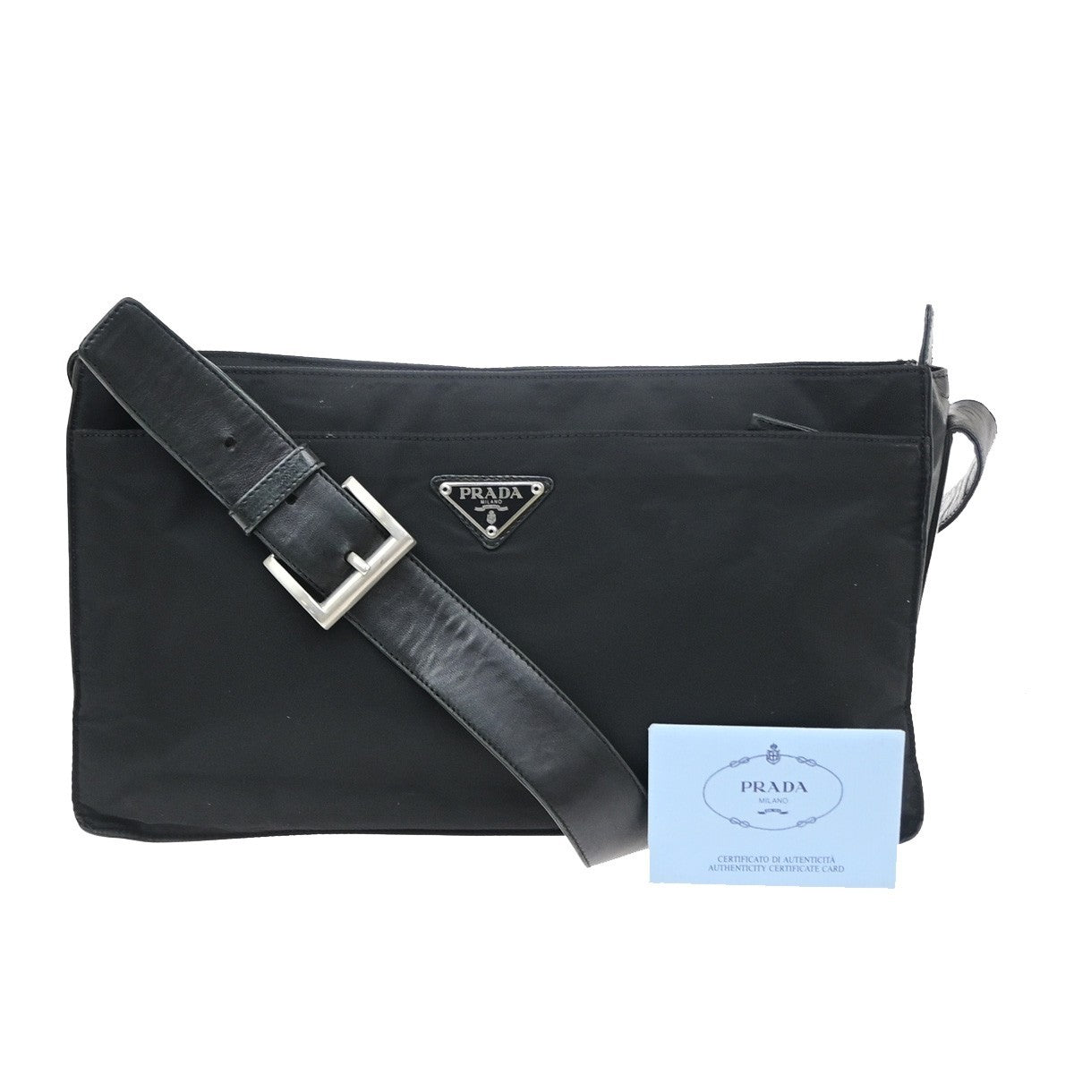 PRADA MILANO Logo Tessuto Shoulder Bag Nylon Leather Black 62SA169