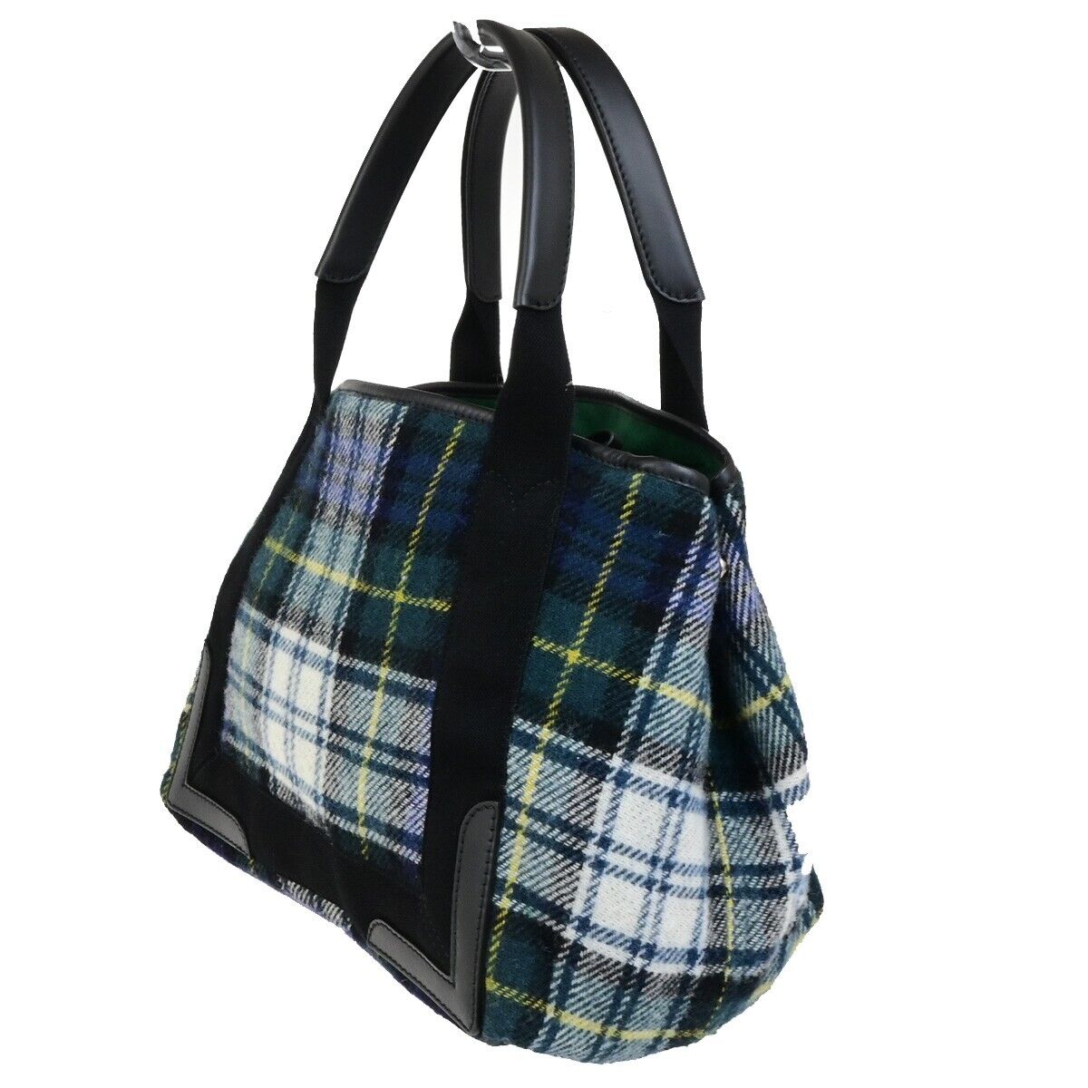 BALENCIAGA Navy Cabas S Hand Tote Bag Check Wool Leatehr Green Black 75KA432
