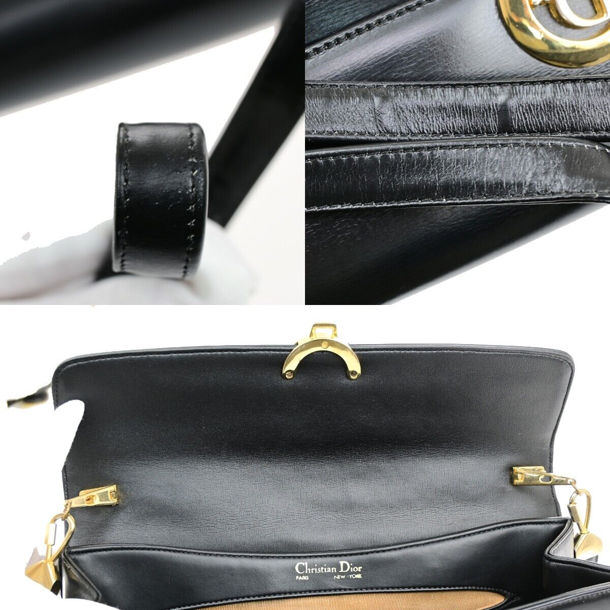 CHRISTIAN DIOR Logo Shoulder Bag Leather Black GHW 33ED426