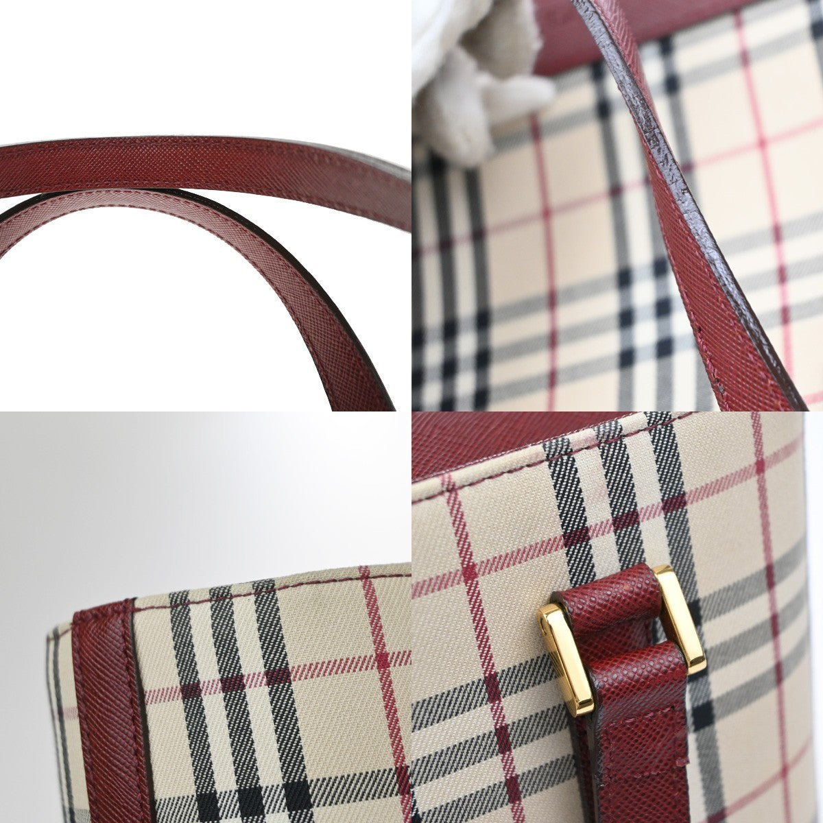 BURBERRY Logo Nova Check Hand Bag Canvas Leather Beige Red GHW 39RQ059