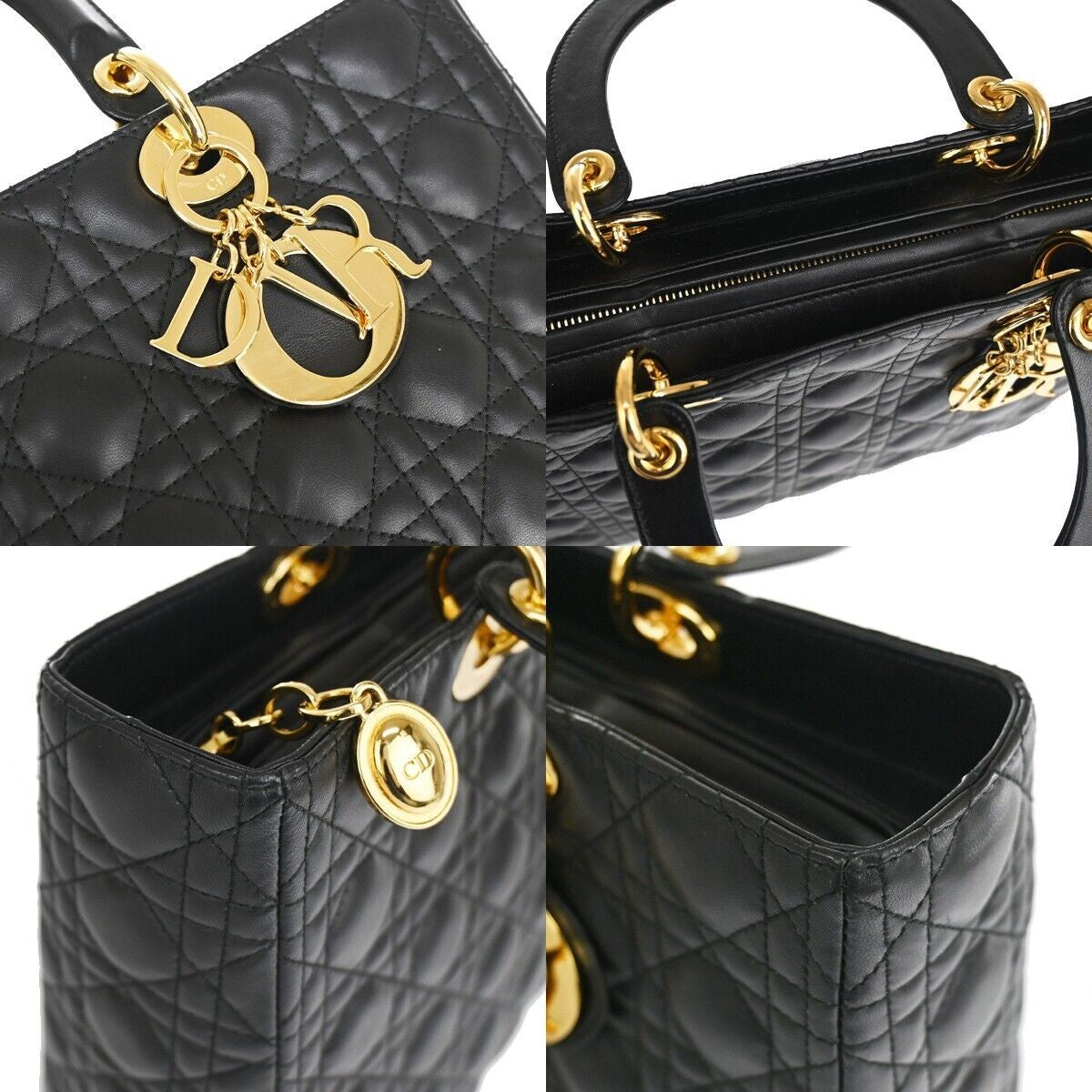 CHRISTIAN DIOR Lady Cannage Hand Tote Bag Leather Black Gold Italy 650RC585