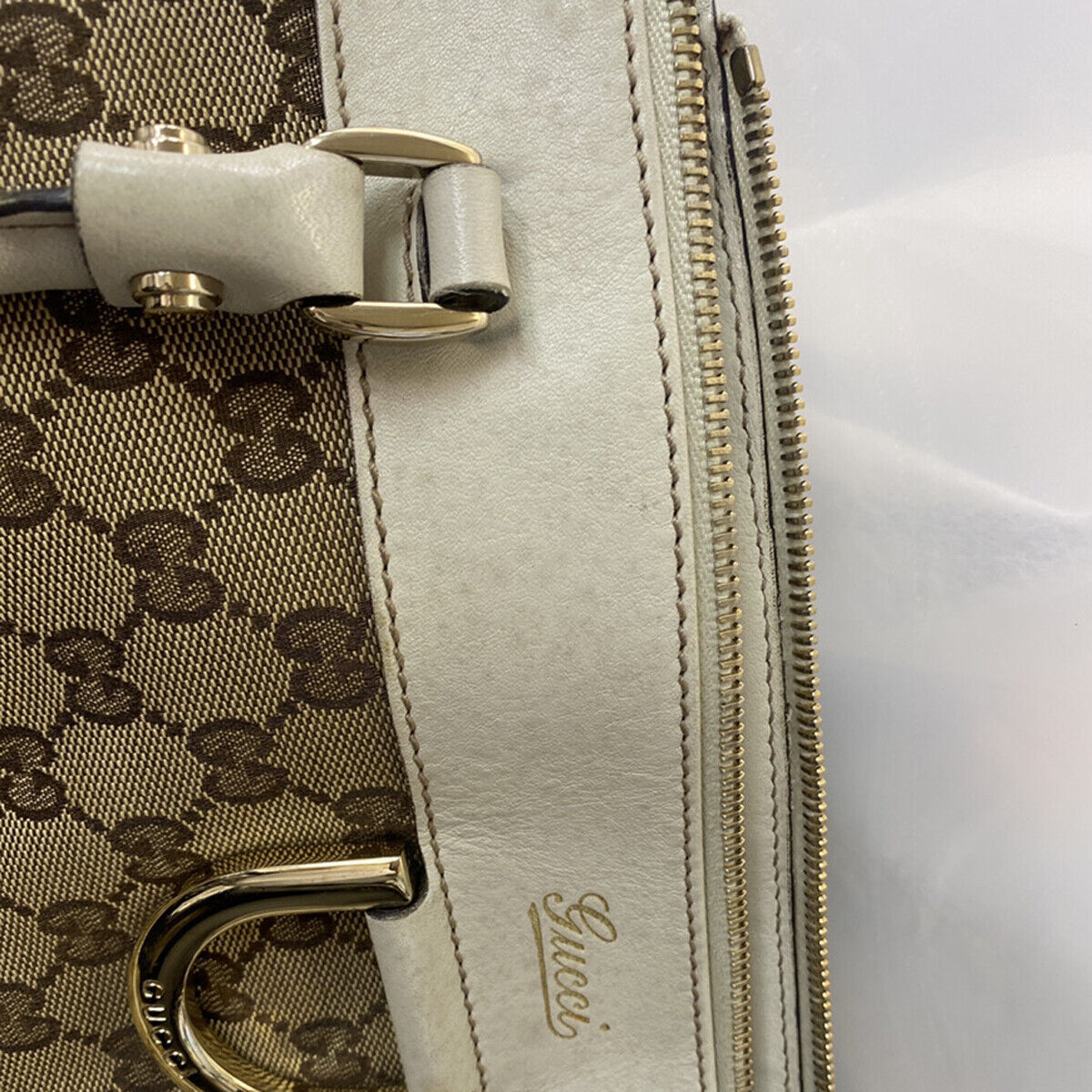 GUCCI Logo Abbey GG Pattern Shoulder Bag Canvas Leather Brown White GHW 66YG263