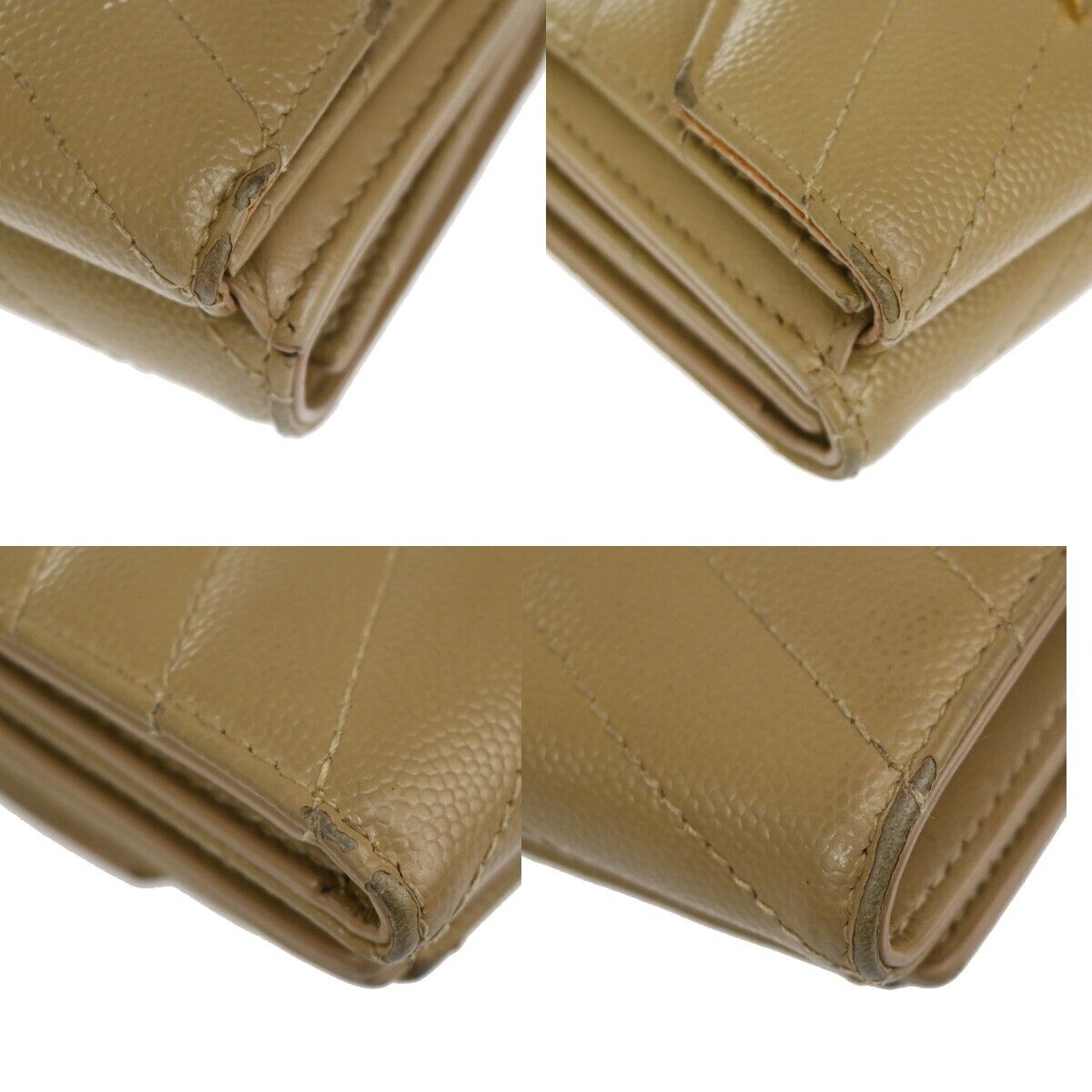 SAINT LAURENT YSL Logo Trifold Wallet Purse Leather Beige Gold Italy 66SH093