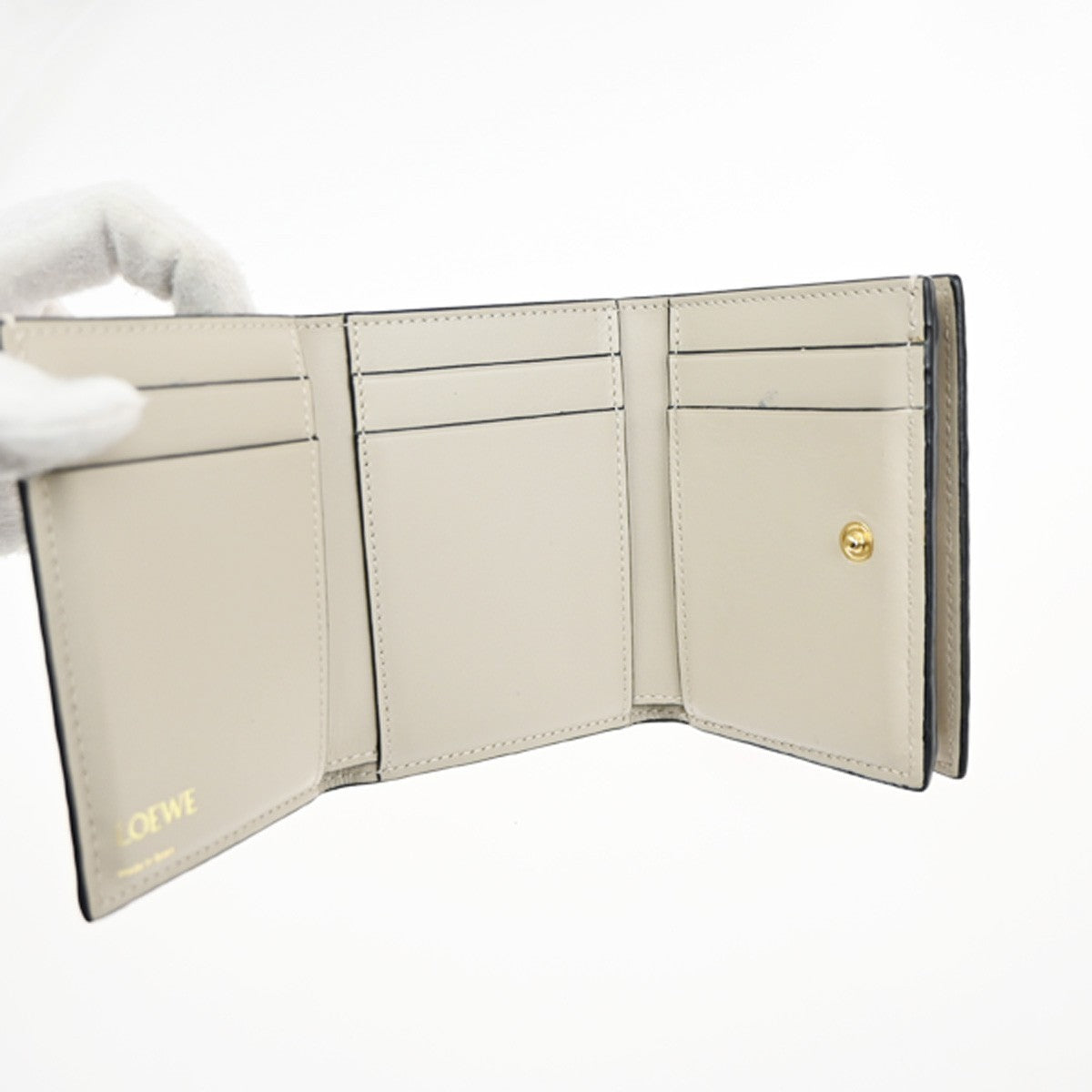 LOEWE Logo Anagram Repeat Trifold Wallet Embossed Leather Beige Spain 69MA294