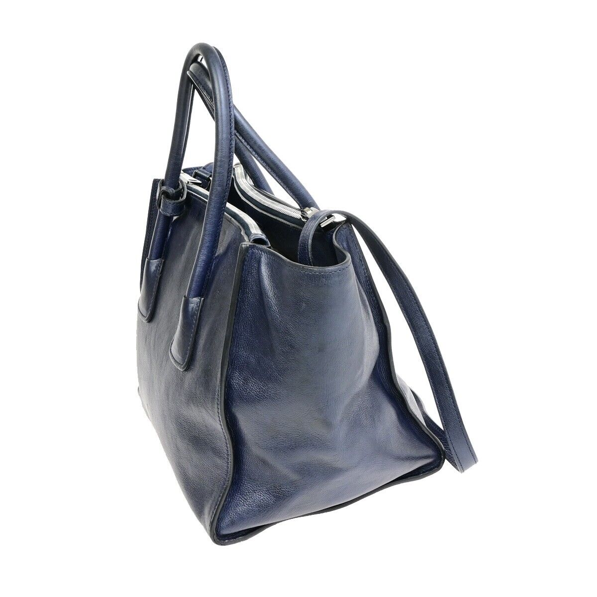 PRADA MILNO Logo 2Way Shoulder Hand Bag Leather Navy Blue Silver-Plated 10ED918