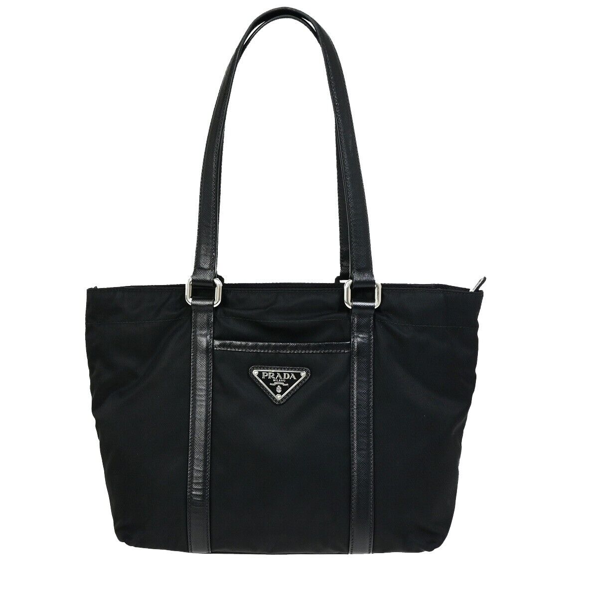 PRADA MILANO Logo Tessuto Shoulder Tote Bag Leather Nylon Black Silver 87SH931