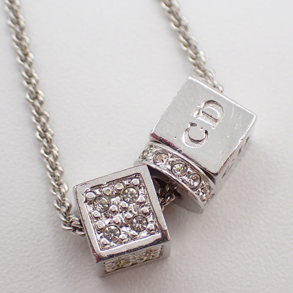 CHRISTIAN DIOR D Logo Dice Charm Necklace Rhinestone Silver Accessory 02KB500