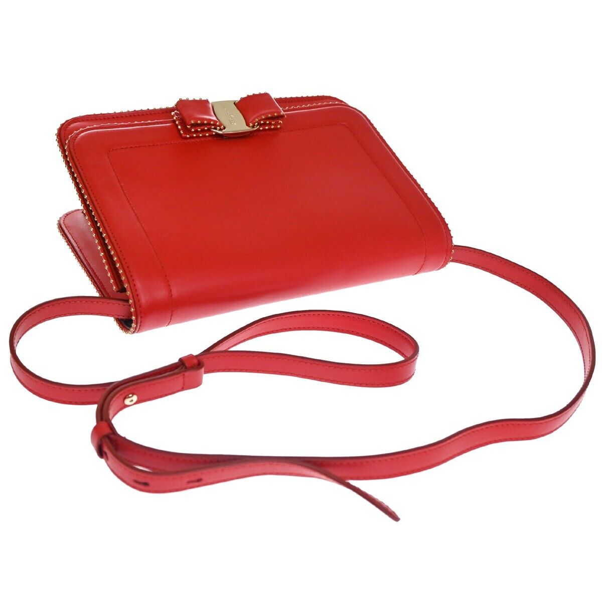 SALVATORE FERRAGAMO Vara Studs 2Way Shoulder Clutch Hand Bag Leather Red 88YD333