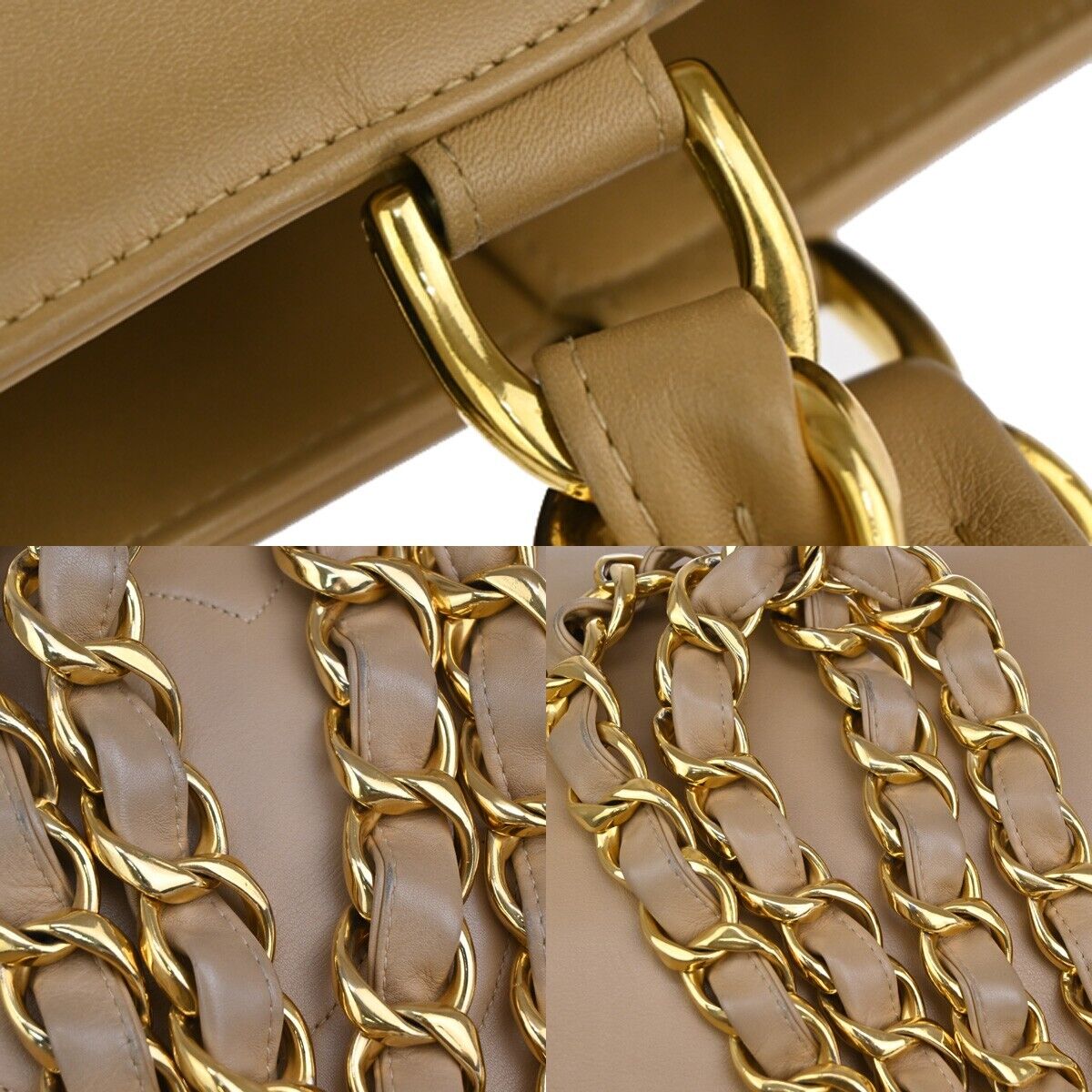 CHANEL CC Logo Chain Shoulder Tote Bag Leather Beige Gold-Plated France 629RJ479