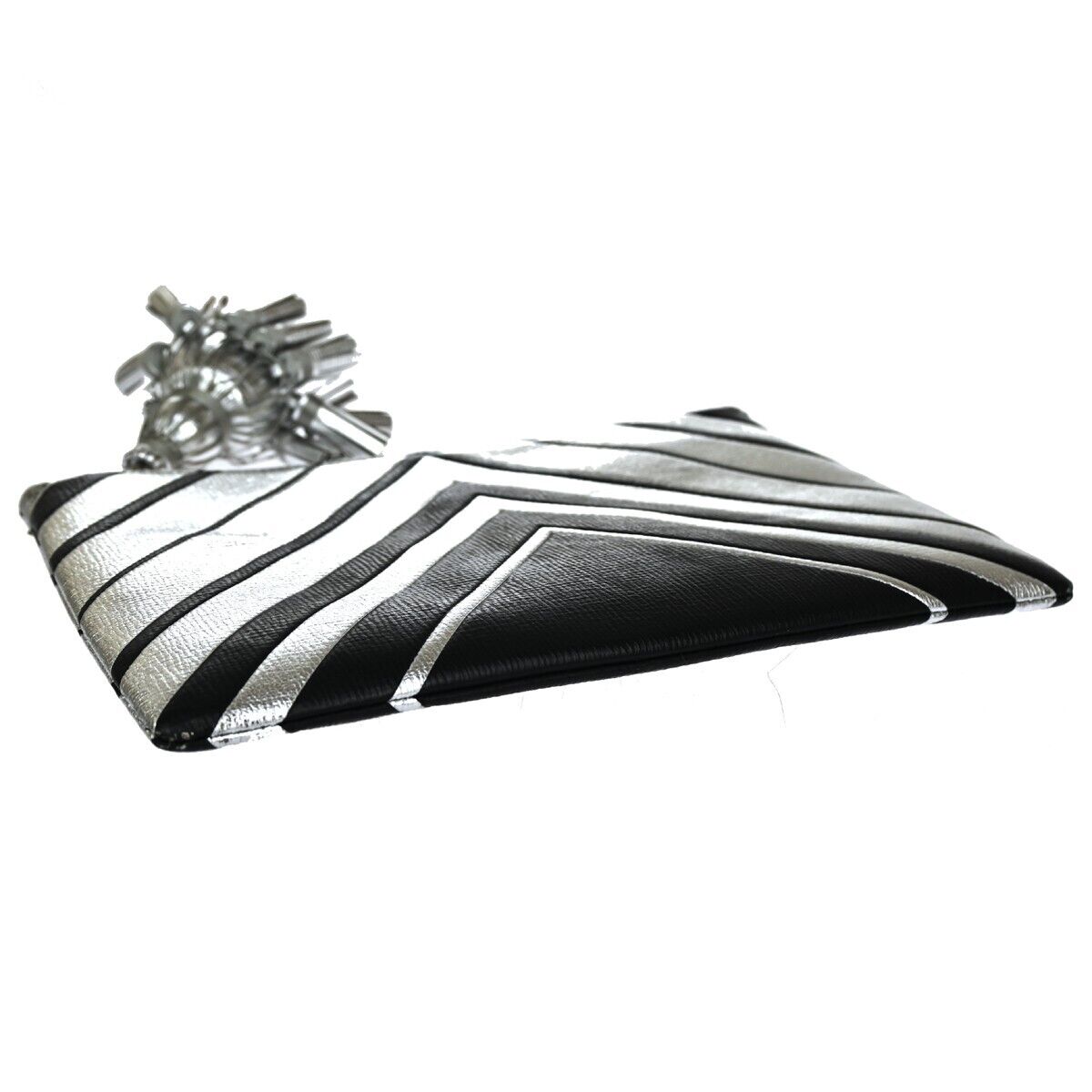 ANYA HINDMARCH Logo Fringe Tassel Clutch Hand Bag Leather Silver Black 69EA079