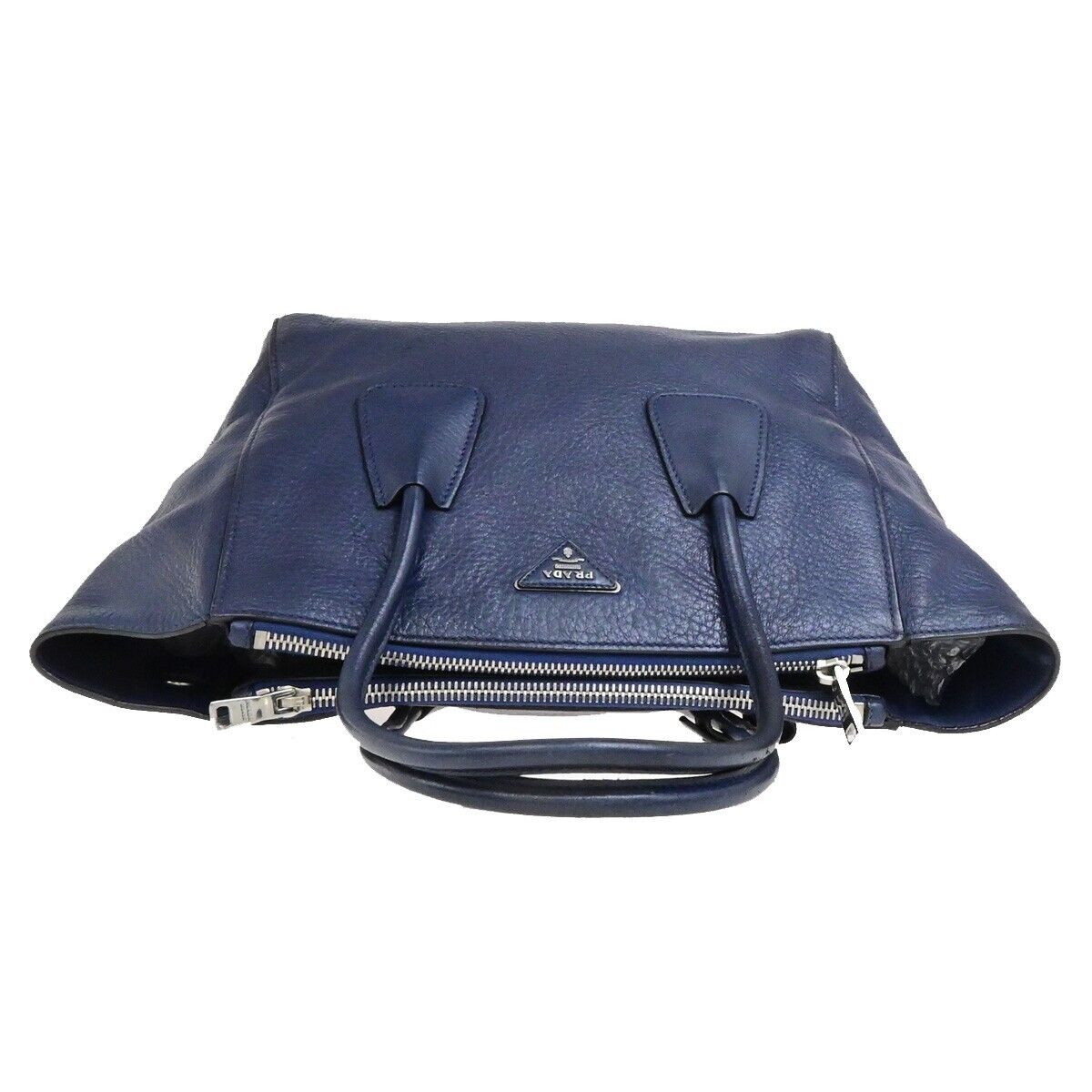 PRADA Milano Logo Shoulder Hand Bag Leather Navy Blue SHW Italy 31ED928