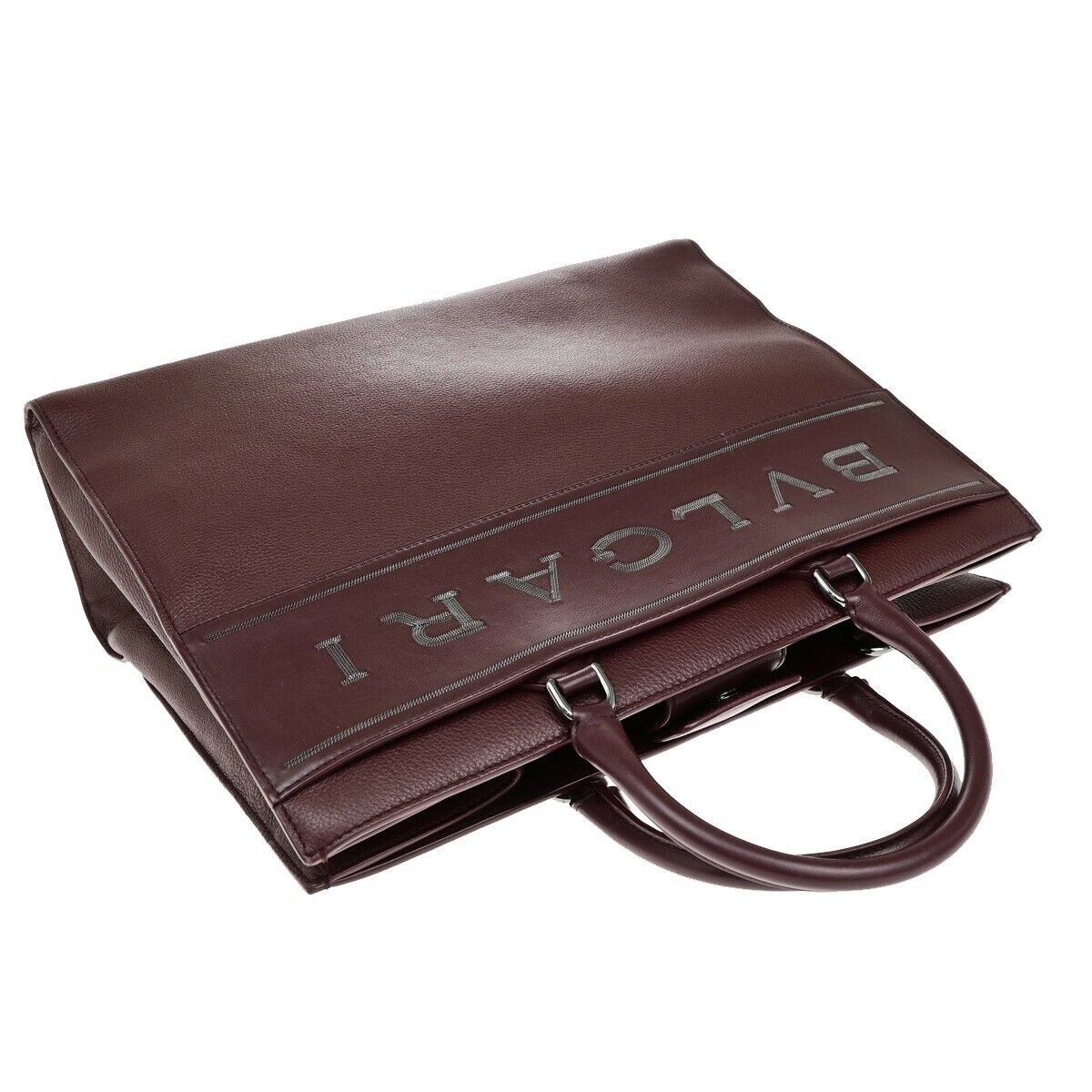 BVLGARI Logo Infinity Tote Hand Bag Leather Red Burgundy Silver Italy 98ED855