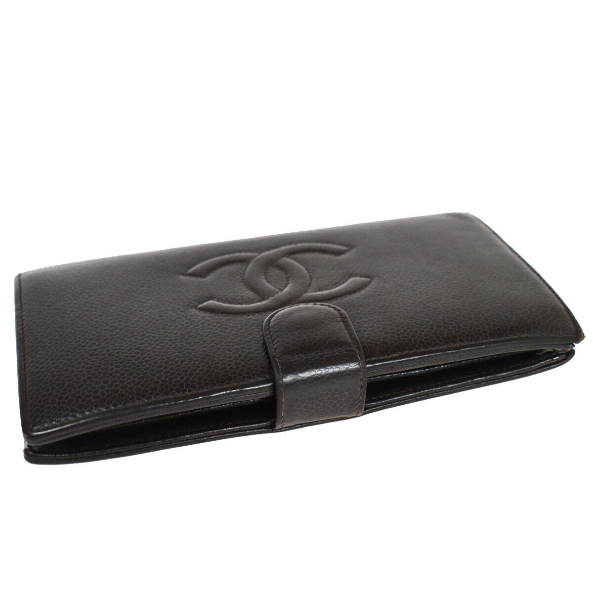 CHANEL CC Logo Long Bifold Wallet Purse Caviar Skin Leather Brown Spain 86RC723