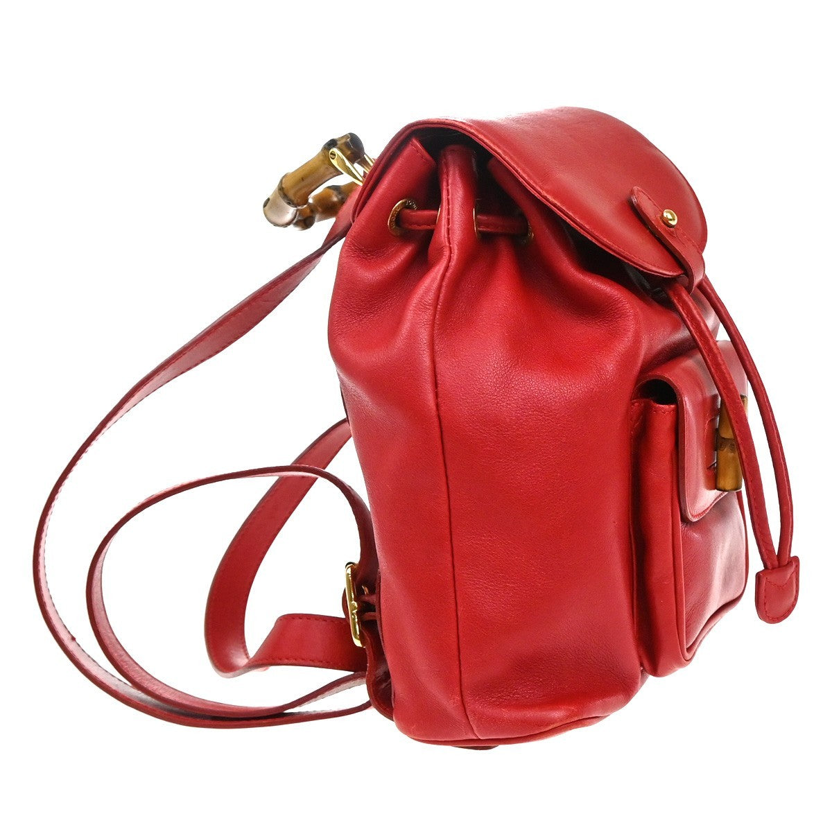 GUCCI Logo Bamboo Drawstring Mini Backpack Bag Leather Red GHW Italy 62EG250