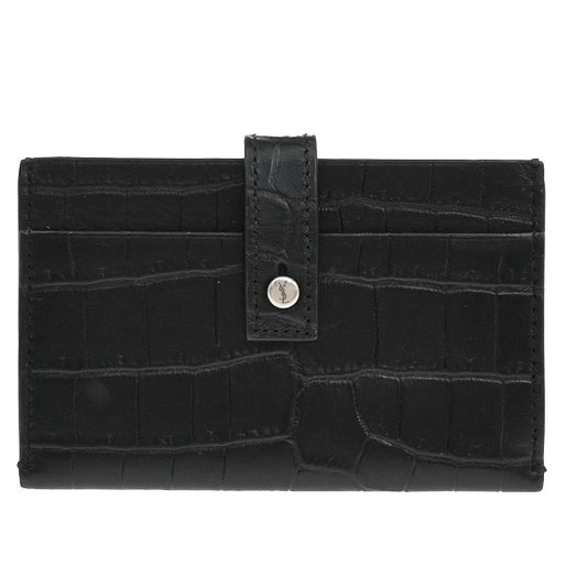 SAINT LAURENT YSL Logo Card Case Embossing Leather Black silver Italy 62KA895