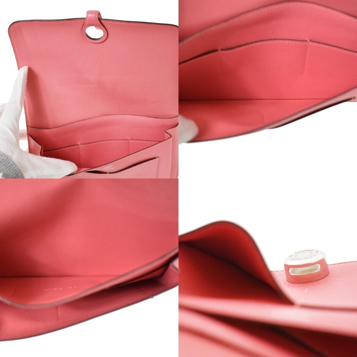 HERMES Logo Dogon GM Bifold Wallet Purse Evercalf Leather Pink France 50RC661